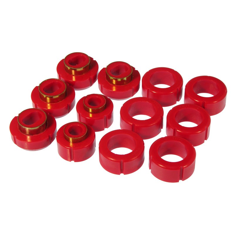 Prothane red polyurethane body mount bushings for 1982-2003 Chevrolet S10 and GMC Sonoma standard cab trucks.