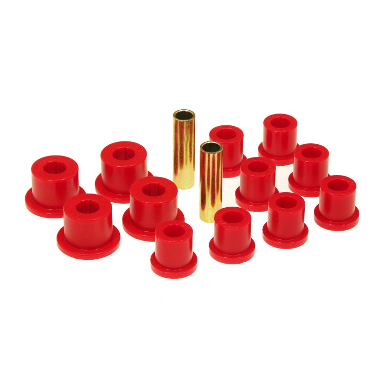 A set of red Prothane polyurethane rear shackle bushings 18-1002 for 1985-1988 Toyota Pickup SR5 Turbo models.