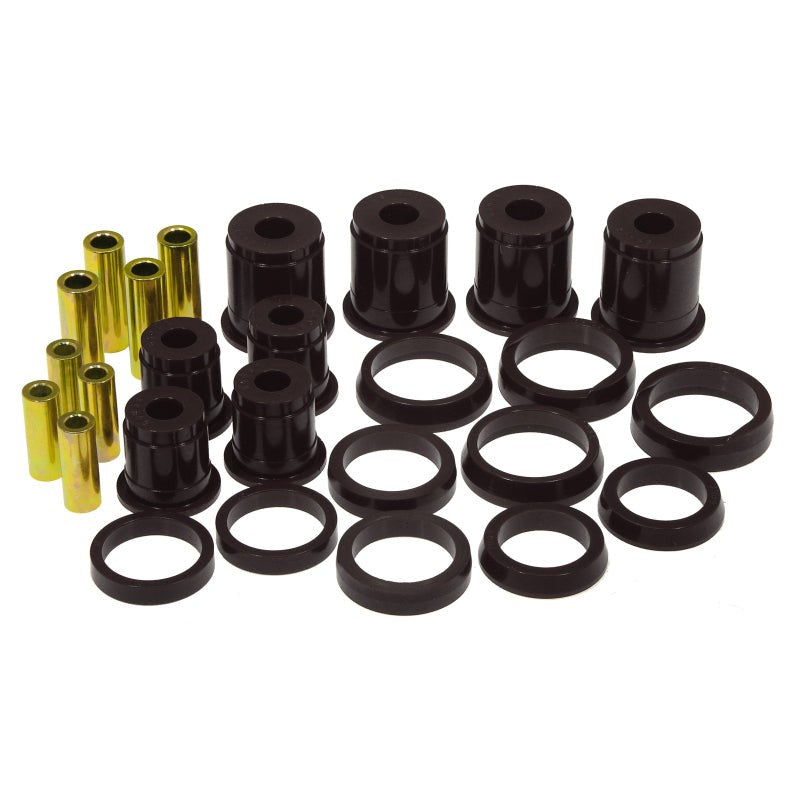 Set of black Prothane polyurethane front control arm bushings with metal inner sleeves for 1984-2001 Jeep Cherokee.