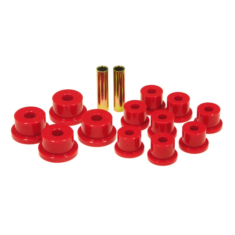 Prothane 17-1001 red polyurethane leaf spring and shackle bushing set for 1986-1989 Suzuki Samurai OEM shackles.