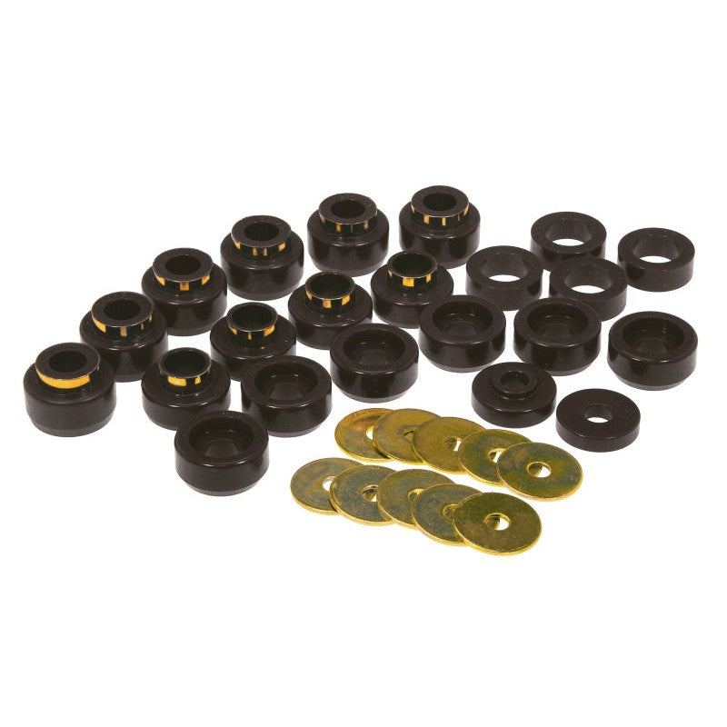 Black Prothane polyurethane body mount bushing kit for 1987-1995 Jeep Wrangler YJ models.