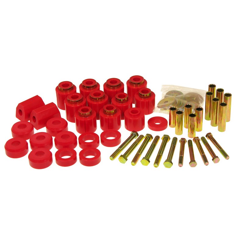 Red polyurethane 1-inch lift body mount bushings and mounting hardware for 1987-1995 Jeep Wrangler YJ.