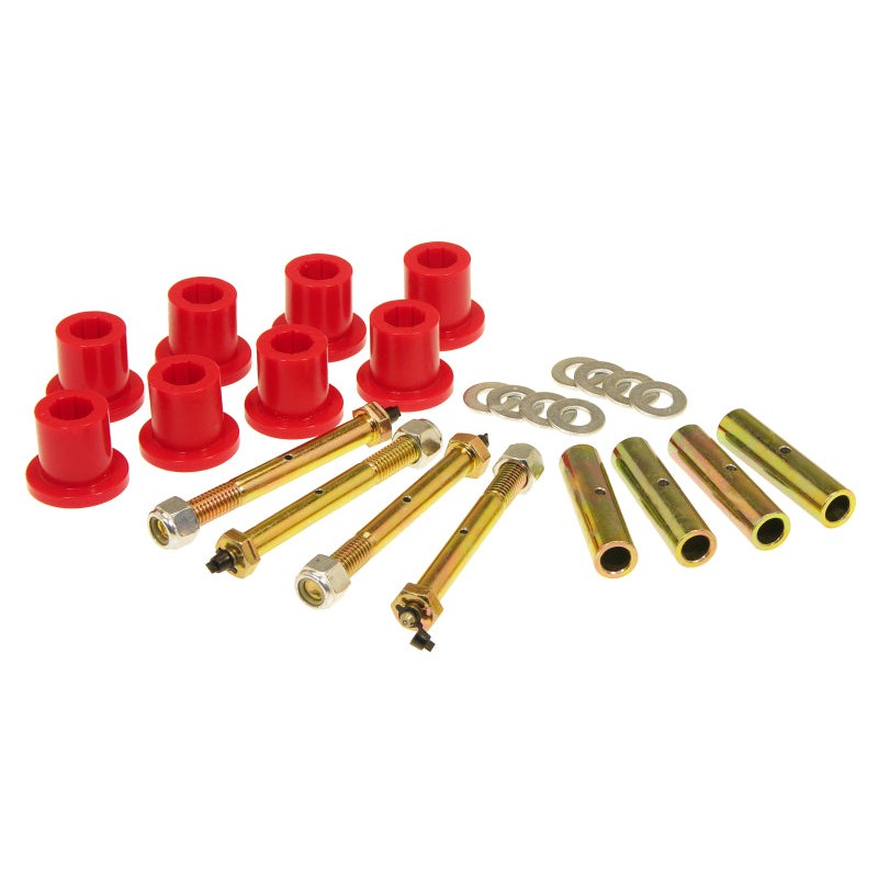 Red Prothane 1-816 polyurethane frame shackle bushings for 1987-1995 Jeep Wrangler YJ.