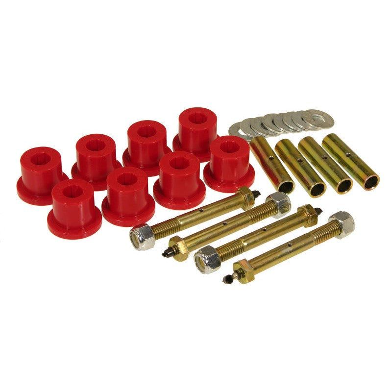 Prothane red polyurethane front and rear main spring eye bushings for 1987-1995 Jeep Wrangler YJ leaf springs.