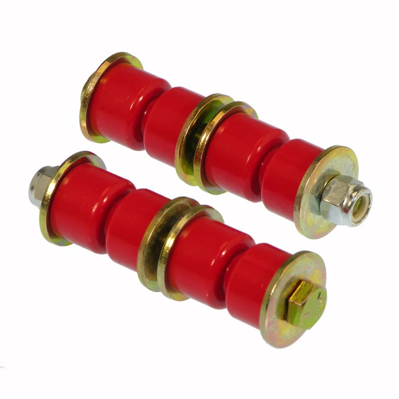 Red Prothane polyurethane sway bar end link kit with gold-plated hardware