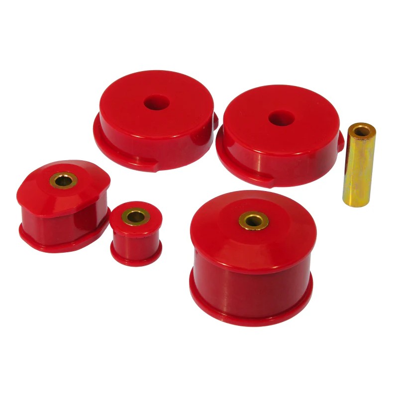 Four red Prothane polyurethane motor mount inserts for 1991-1999 Nissan Sentra, NX, and 200SX.