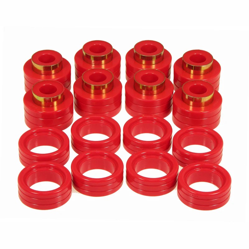 Red Prothane polyurethane cab mount bushings and hardware kit for 1995-2001 Dodge Ram 1500 and 2500.