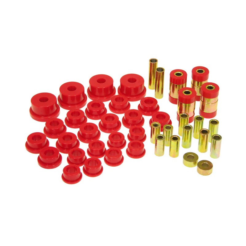 Red Prothane polyurethane rear upper and lower control arm bushings for 1995-1999 Mitsubishi Eclipse and Eagle Talon.