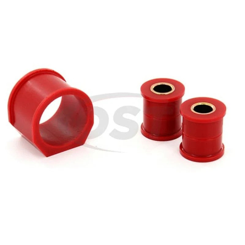 Set of red Prothane polyurethane steering rack bushings for 1998-2005 Mazda Miata.