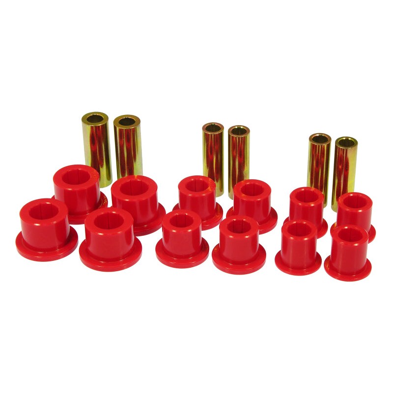 Red Prothane polyurethane front leaf spring bushing set for 1999-2004 Ford F-250 Super Duty trucks.
