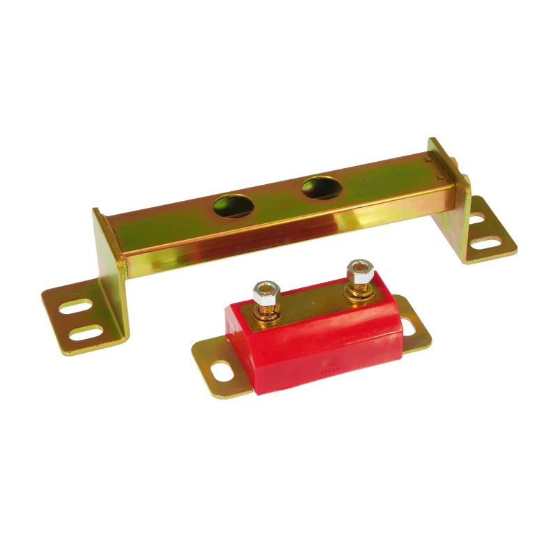 Red Prothane polyurethane transmission mount and crossmember bushings for 1999-2004 Ford Mustang.