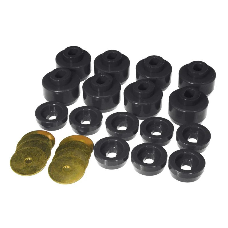 Prothane 7-141-BL black polyurethane body mount bushing kit for 1999-2006 Silverado and Sierra 1500/2500 HD.