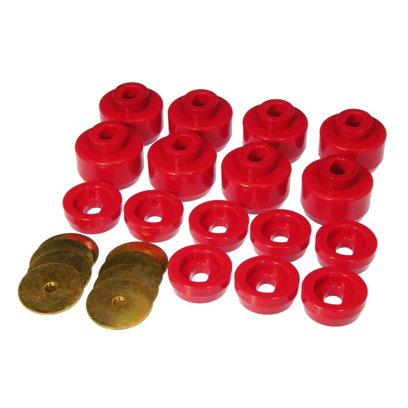 Prothane red polyurethane body mount bushing kit for 1999-2006 Chevrolet Silverado and GMC Sierra 1500 and 2500 HD trucks.
