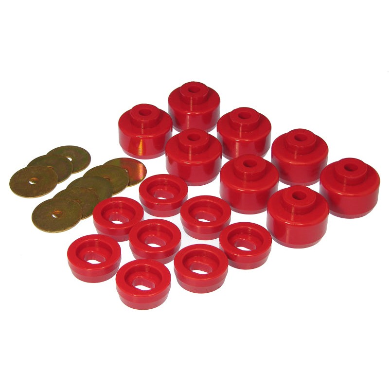 Red Prothane polyurethane body mount bushings for Canadian 1999-2007 Chevy Silverado.