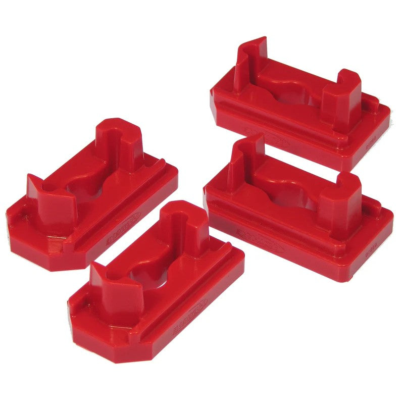 Red Prothane polyurethane motor mount inserts for Dodge Ram 6.7L Cummins diesel engines.