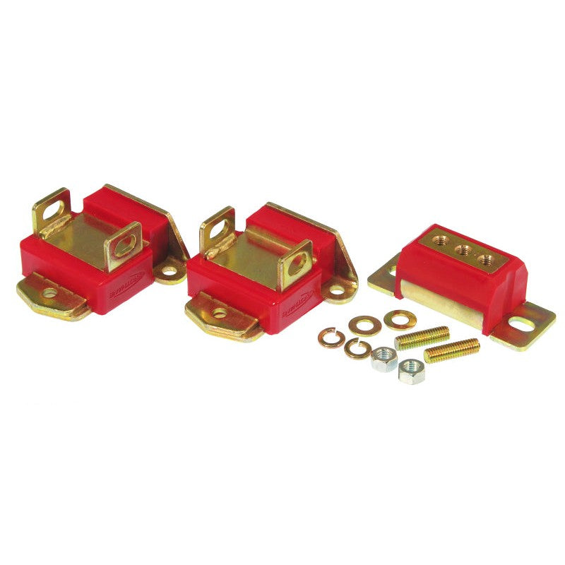 Red Prothane polyurethane motor and transmission mount kit for 1958-1982 GM Chevrolet and GMC vehicles.