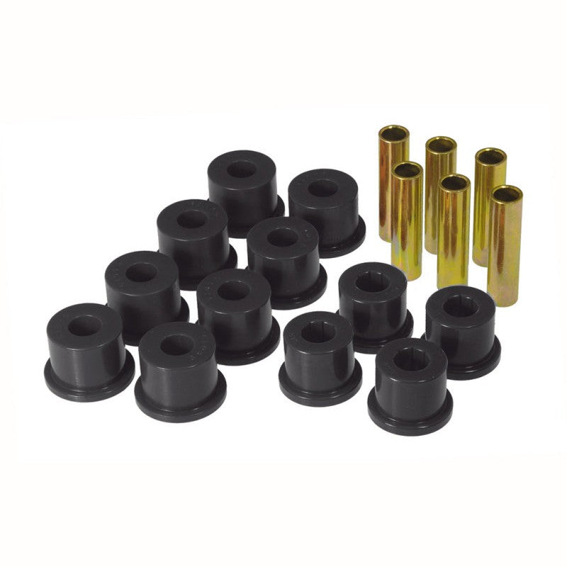 Prothane 7-1054-BL black polyurethane rear leaf spring and shackle bushing set with 1.5 inch OD frame shackle bushings.