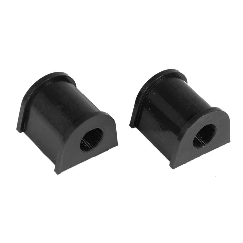 Two black Prothane polyurethane rear sway bar bushings designed for an 18mm diameter sway bar.