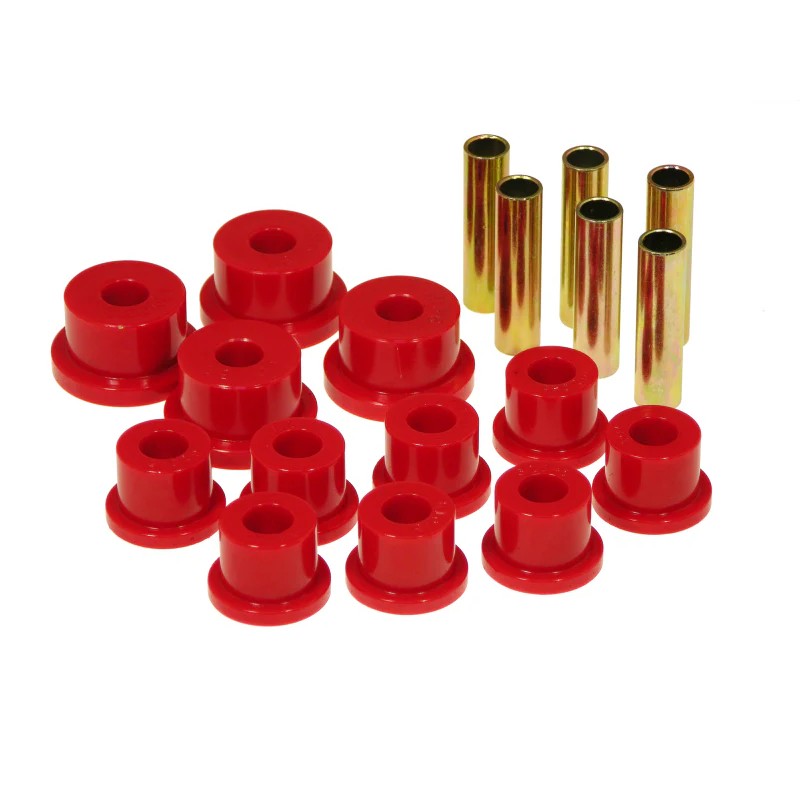 Prothane red polyurethane spring and shackle bushing kit for 1986-1989 Suzuki Samurai with aftermarket shackles.