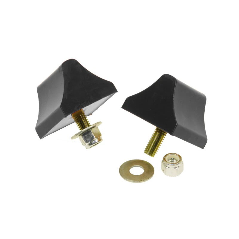 Black Prothane polyurethane wedge-shaped universal bump stop measuring 1-3/8 by 2 by 2-1/4 inches.