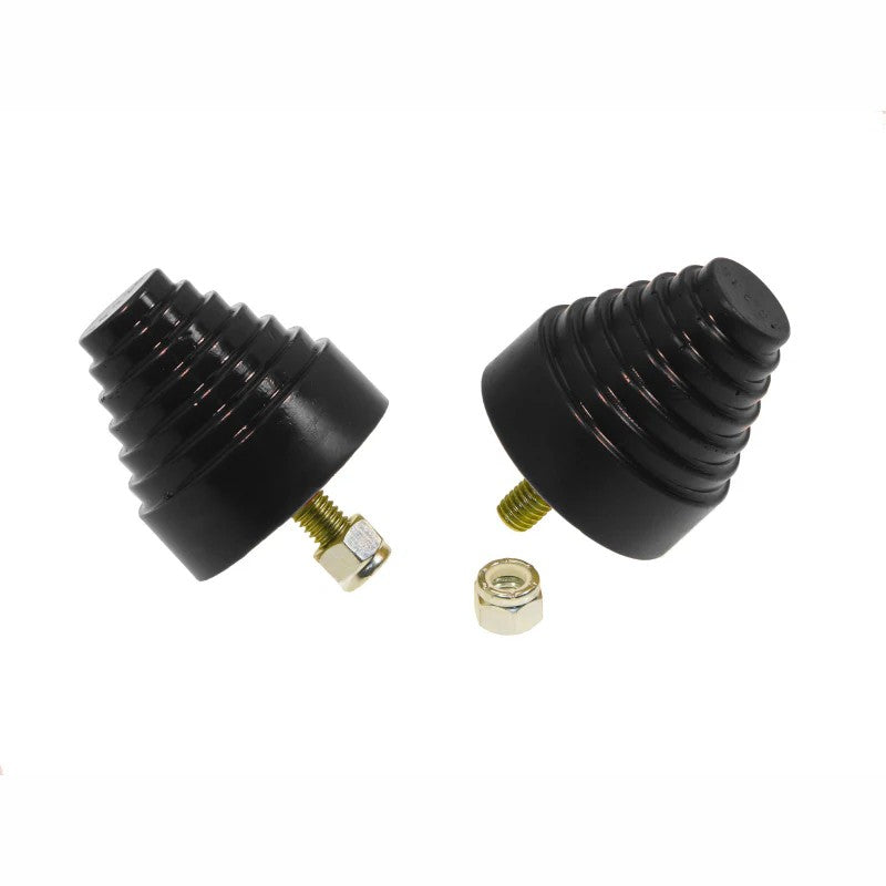 Black Prothane universal polyurethane bump stop with a stepped cone design, measuring 2-1/4 inches.