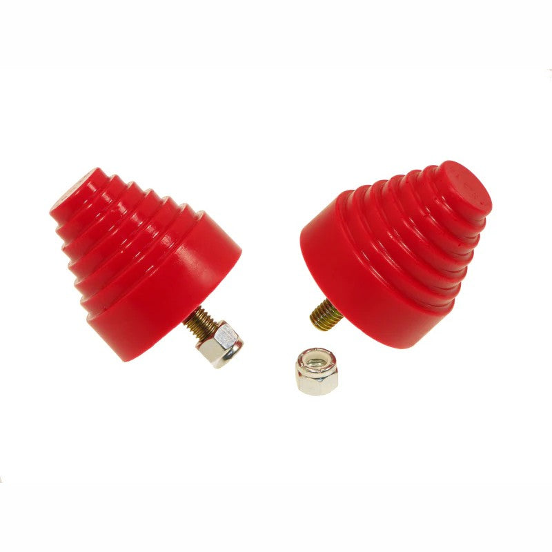 Red Prothane universal polyurethane bump stop with 2.25-inch stepped cone design