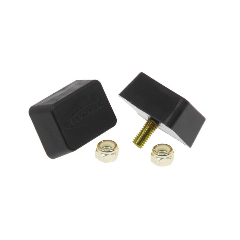 Black Prothane polyurethane universal bump stop measuring 3/4 inch by 1 3/4 inch by 1 3/8 inch