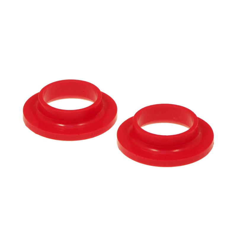 Two red Prothane 19-1706 universal polyurethane coil spring isolators shown as a pair.