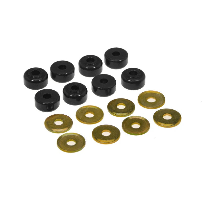 Black Prothane universal end link bushings and silver-tone metal washers with 5/8 inch ID and 1-1/8 inch OD