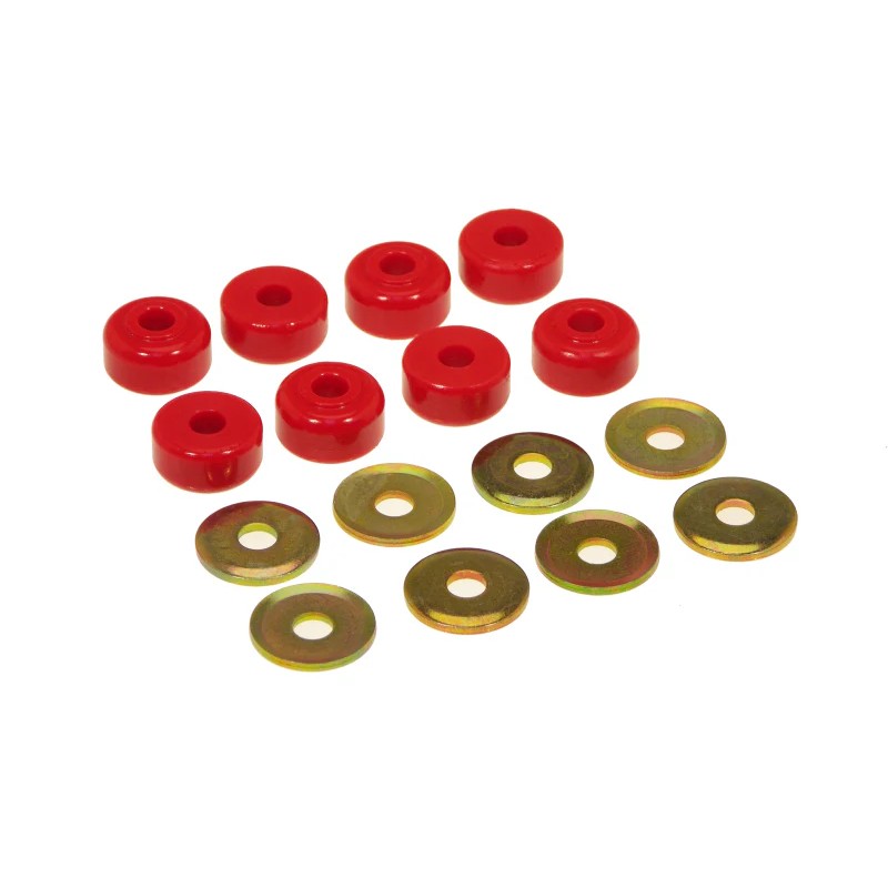Four red polyurethane universal sway bar end link bushings and four zinc-plated metal washers