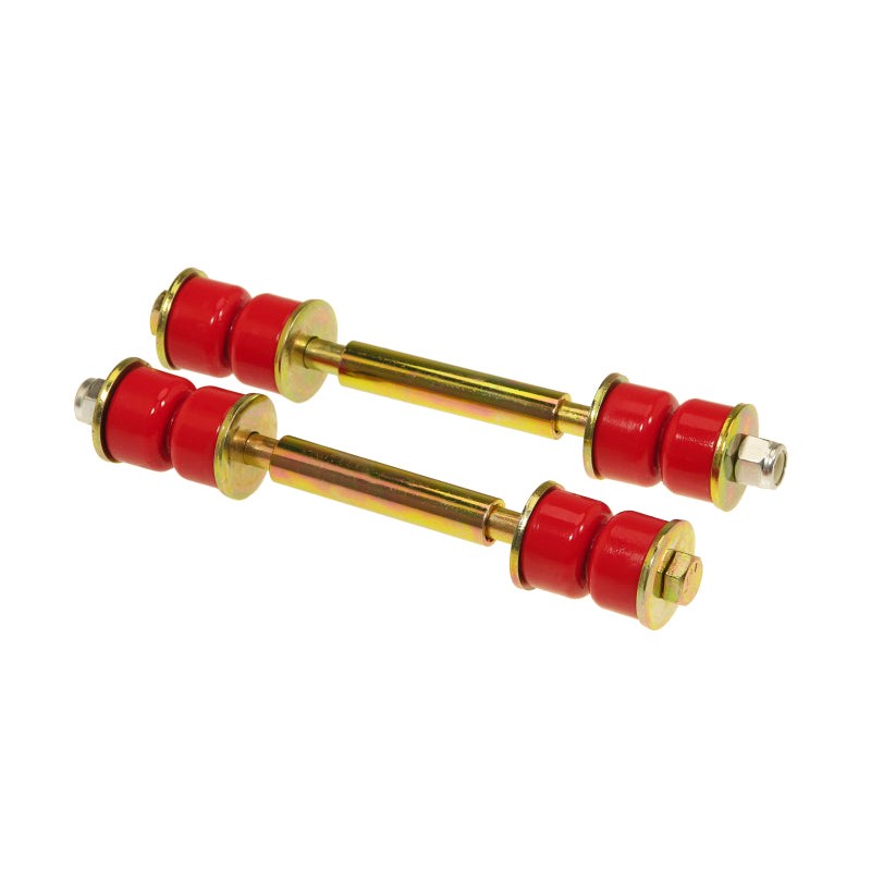 Prothane red polyurethane universal sway bar end link set with 4.5 inch mounting hardware and sleeves
