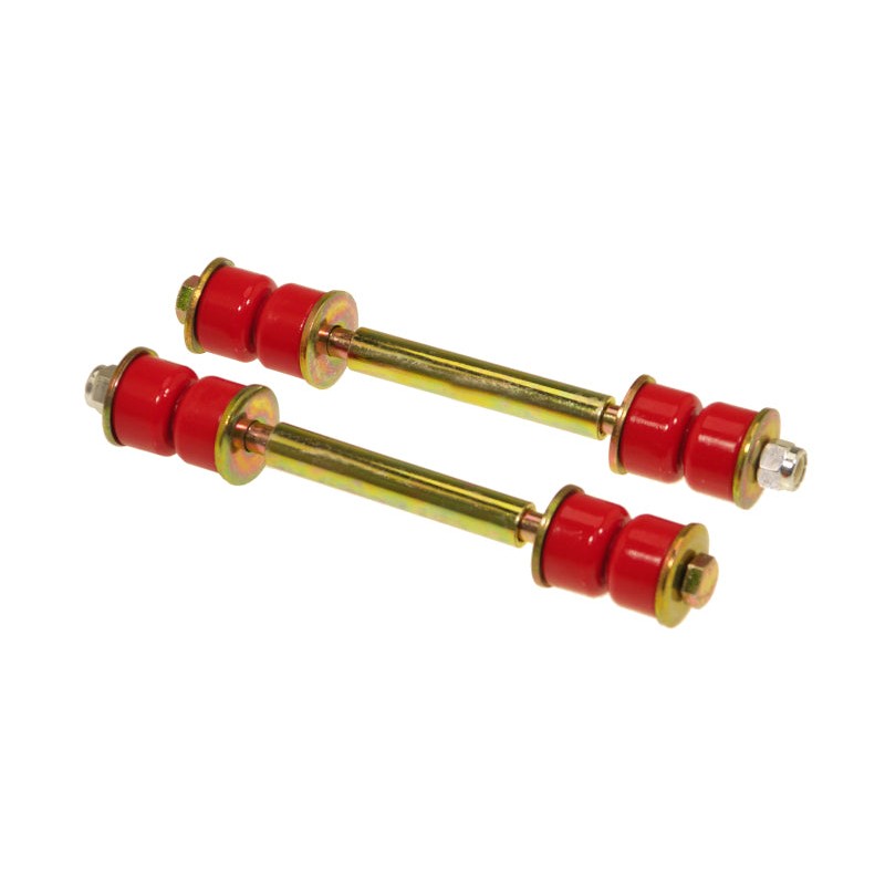Prothane red polyurethane sway bar end link set with 5-inch spacers and zinc-plated hardware for Ford Mustang.