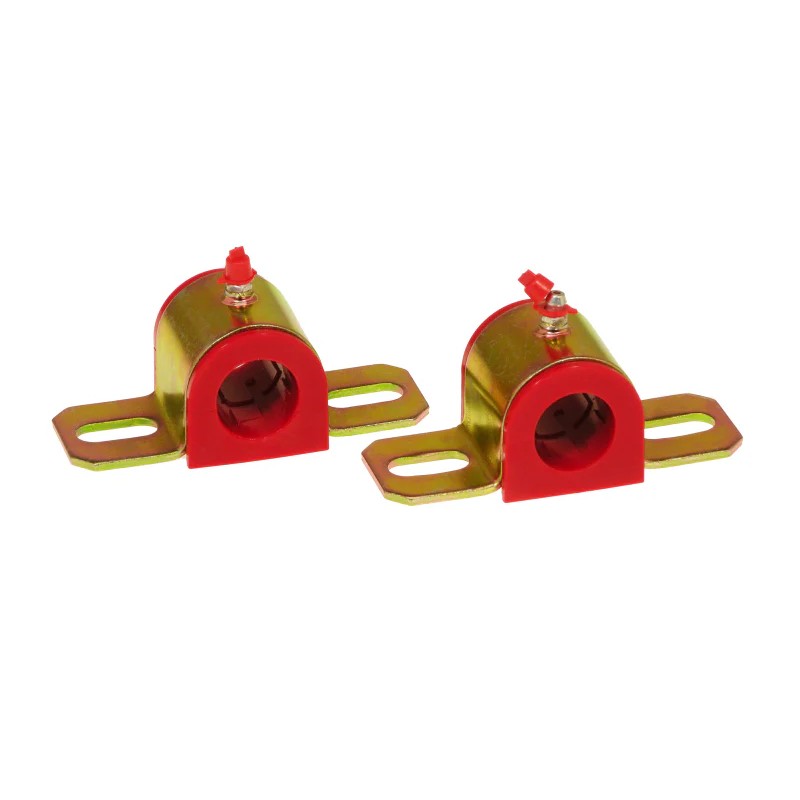 Red Prothane 26mm polyurethane sway bar bushings with greasable Type B metal brackets and zerk fittings