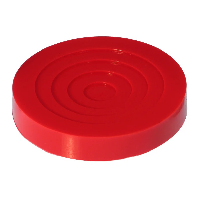 Red 5-inch diameter Prothane universal polyurethane jack pad for floor jacks