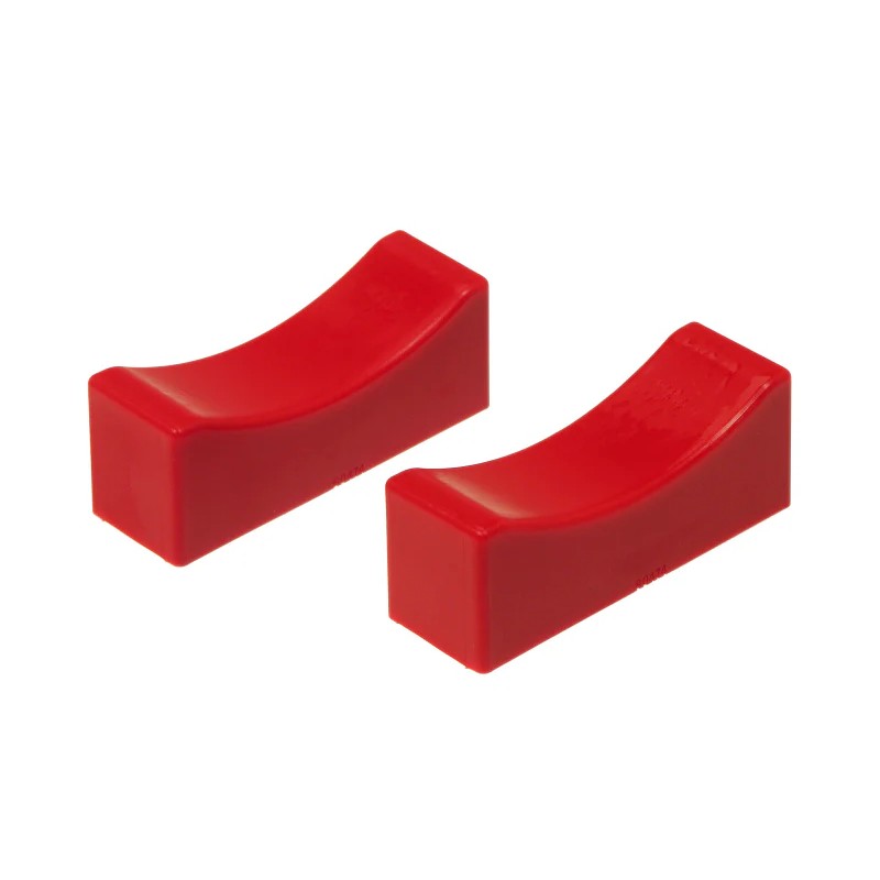Red Prothane polyurethane jack stand pads showing the recessed channel for 1.125 inch by 4.0 inch stand heads