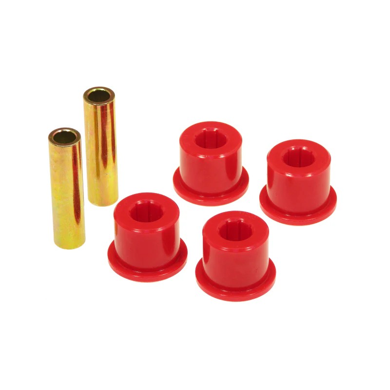 Red Prothane polyurethane universal pivot bushing kit with sleeves for 1/2 inch bolts and 1-1/2 inch housings.