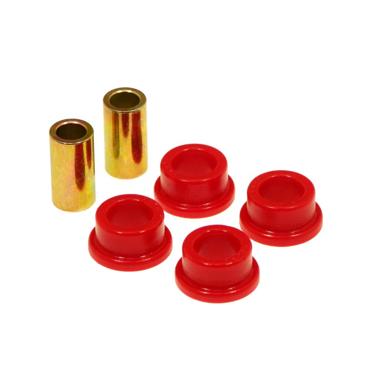 Red Prothane polyurethane universal pivot bushings with metal inner sleeves for 1/2 inch bolts