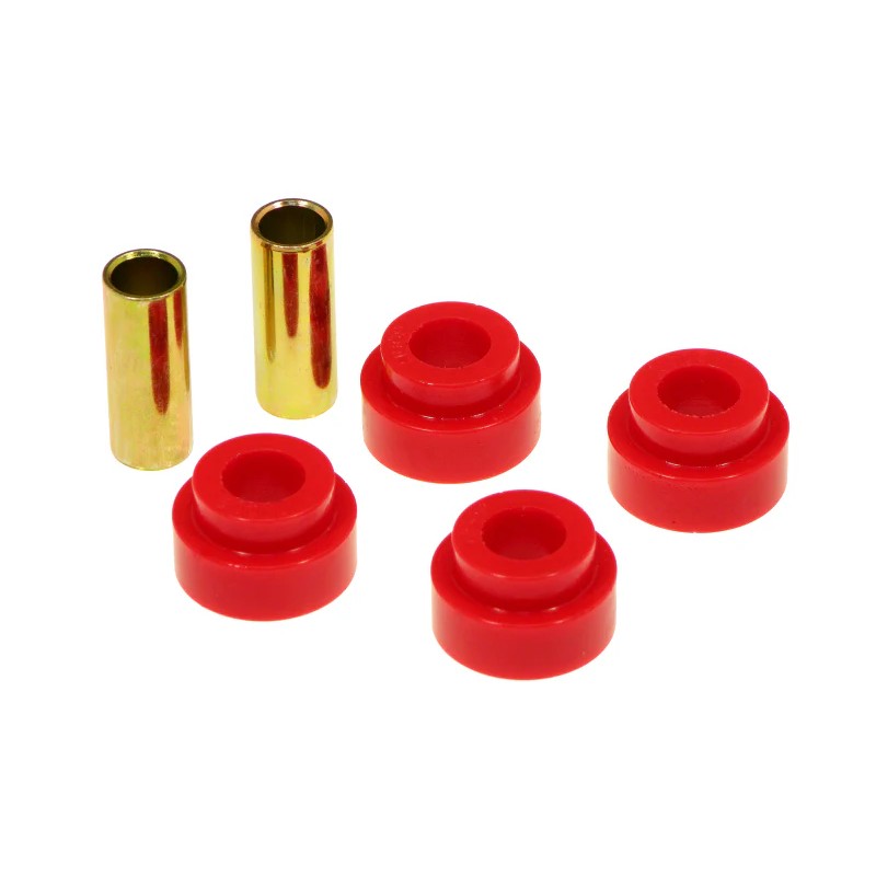 Two red Prothane polyurethane shock bushings with a 12mm inner diameter for Bilstein shocks