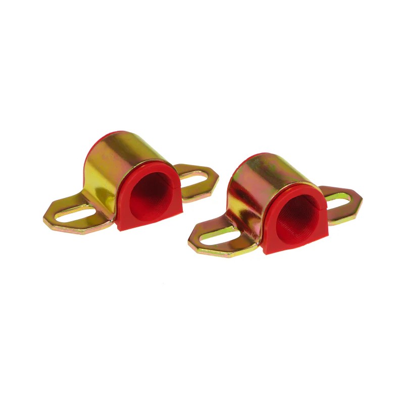 Two red polyurethane Prothane universal sway bar bushings with a 1-inch inner diameter for A-style brackets.