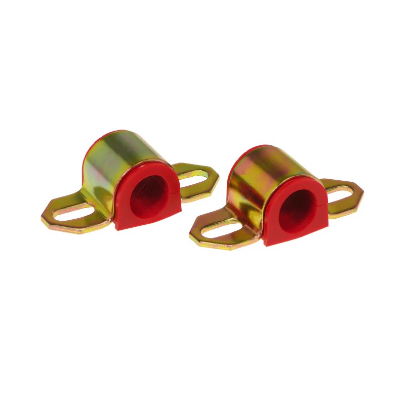 Two red Prothane polyurethane sway bar bushings designed for a 7/8 inch bar and A-style bracket.