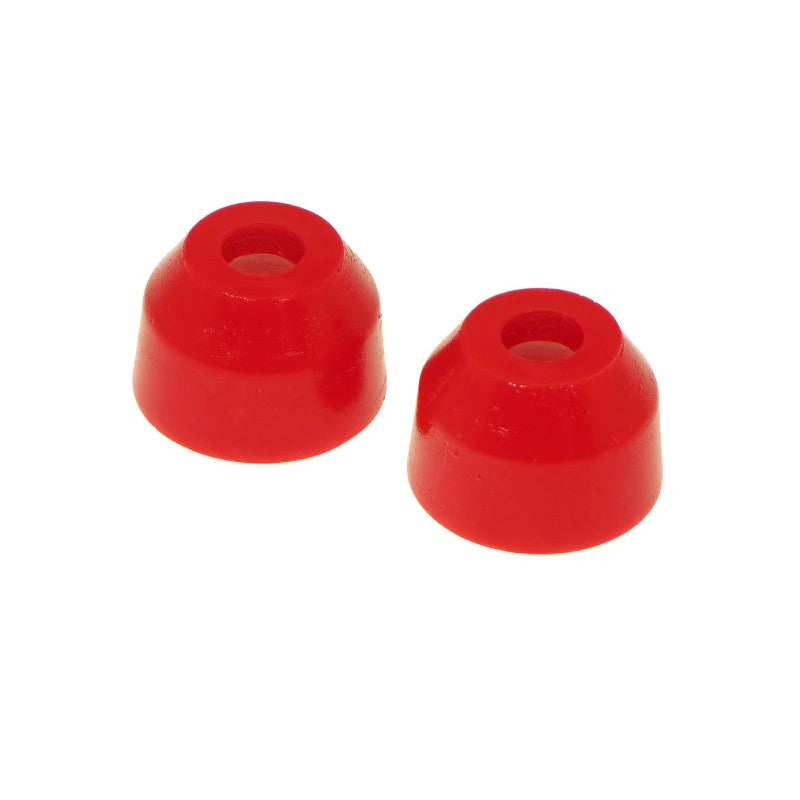 A pair of red polyurethane Prothane universal tie rod end boots with a .472 inch inner diameter