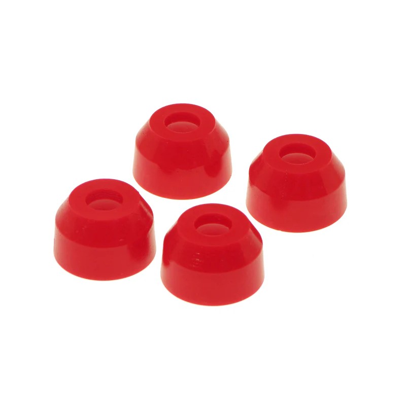 Two red Prothane polyurethane universal tie rod end boots with .590 inch shaft and 1.375 inch base dimensions.