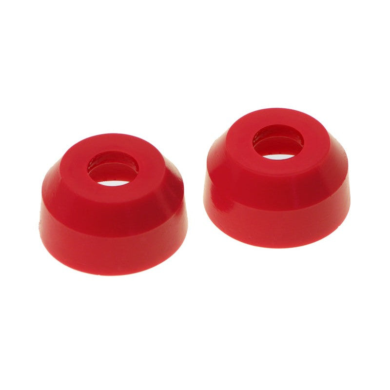 A pair of red Prothane polyurethane universal tie rod end boots with a .650 inch top opening and 1.625 inch base diameter.
