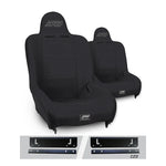 Pair of black PRP Premier High Back suspension seats with tweed centers and mounting brackets for 1997-2002 Jeep Wrangler TJ