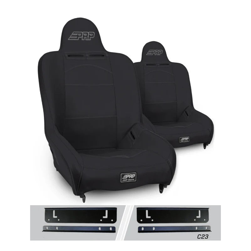 Pair of black PRP Premier High Back suspension seats with tweed centers and mounting brackets for 1997-2002 Jeep Wrangler TJ