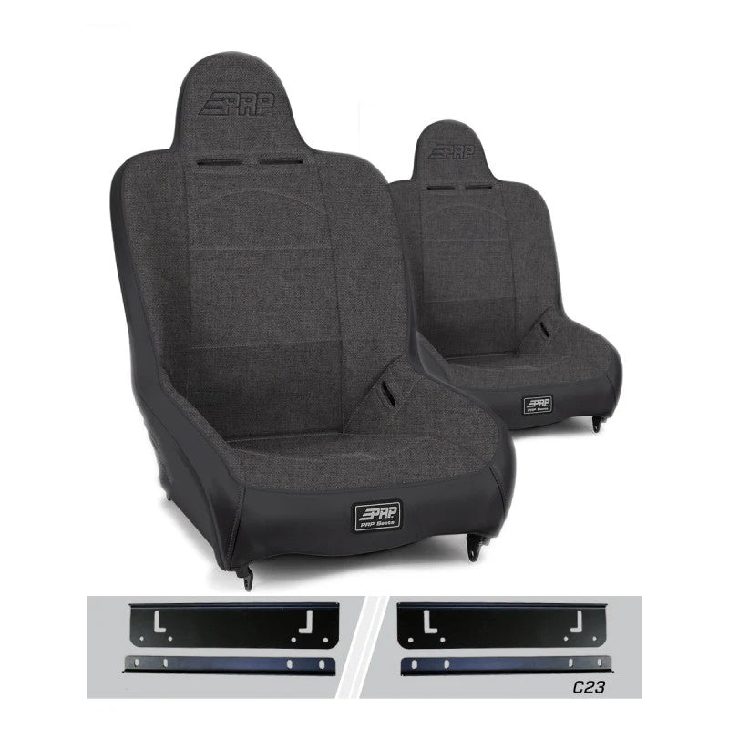 Pair of gray PRP Premier High Back suspension seats with tweed centers for 1997-2002 Jeep Wrangler TJ