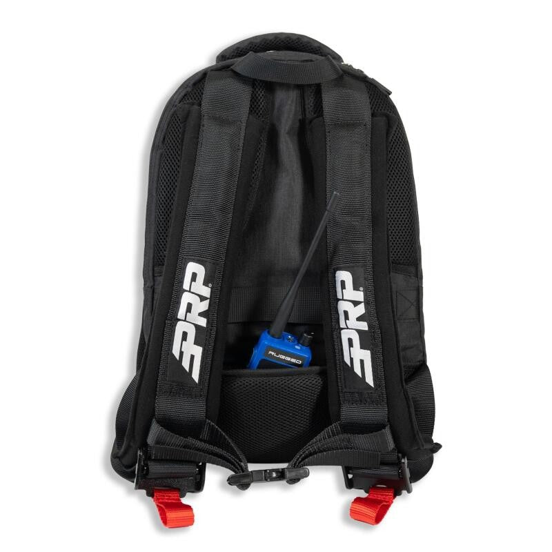 Black PRP 22L off-road backpack featuring 2-inch wide padded shoulder harness straps and large zipper pulls.