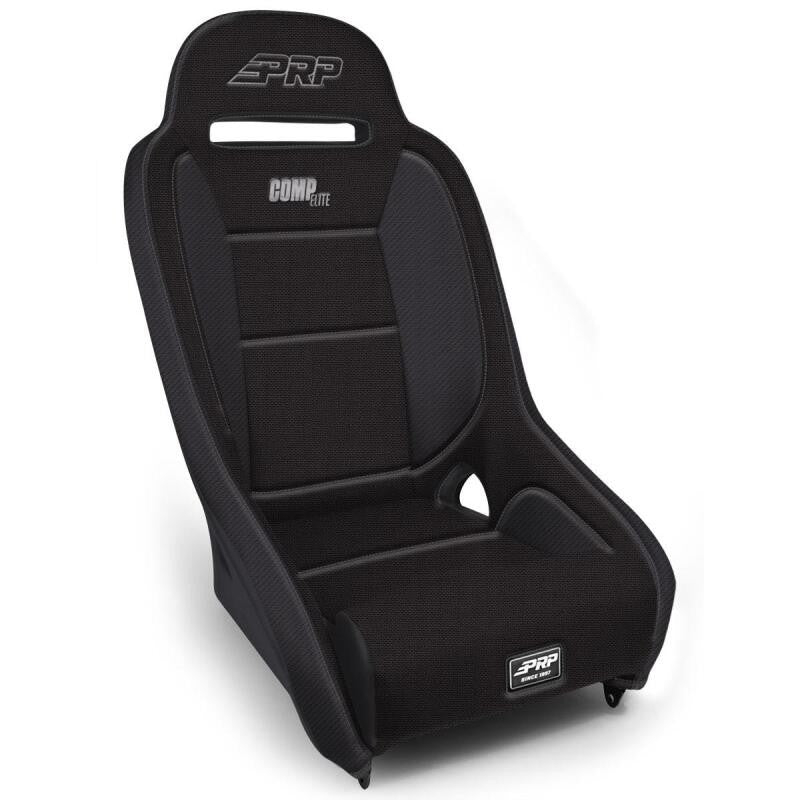 All-black PRP Comp Elite suspension seat with high-sided containment bolsters and vinyl-coated exterior.