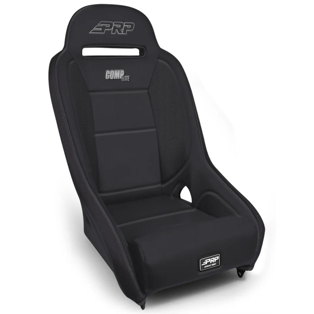 PRP Comp Elite black vinyl suspension seat with high 10-inch side bolsters and removable center cushion.
