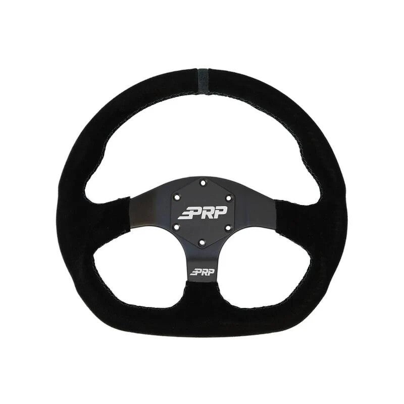 PRP Comp-R D-shape black suede steering wheel featuring blue stitching and a blue center alignment stripe.